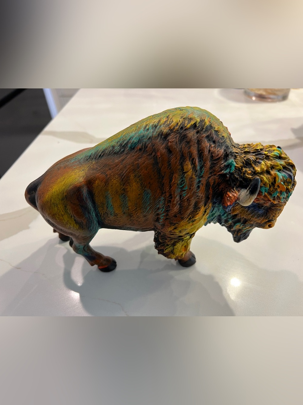 Hand-Painted Rustic Buffalo Sculpture - Multicolor